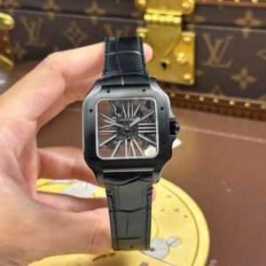 Cartier Santos Skeleton Dial Leather Strap Black